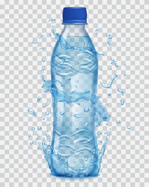 Spruzzi d'acqua trasparente in colori azzurri intorno a una bottiglia di plastica trasparente azzurra con acqua minerale bottiglia con tappo blu riempito di acqua minerale trasparenza solo in file vettoriali