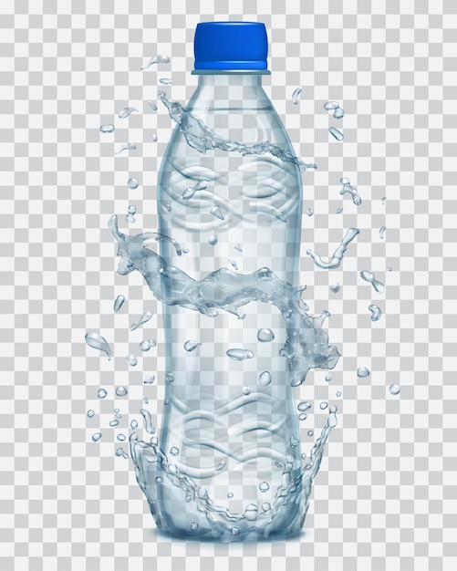 L'acqua trasparente spruzza in colori azzurri intorno a una bottiglia di plastica trasparente