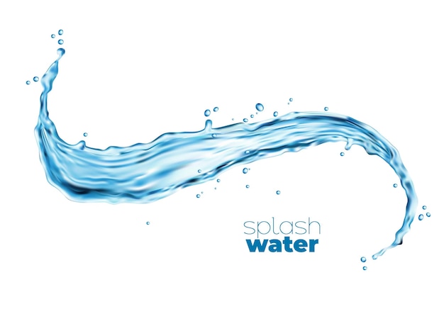 Transparent water wave splash and flow with drops and bubbles Isolated vector blue liquid clean aqua or clear drinking water stream Realistic 3d water flow with ripple surface and droplets