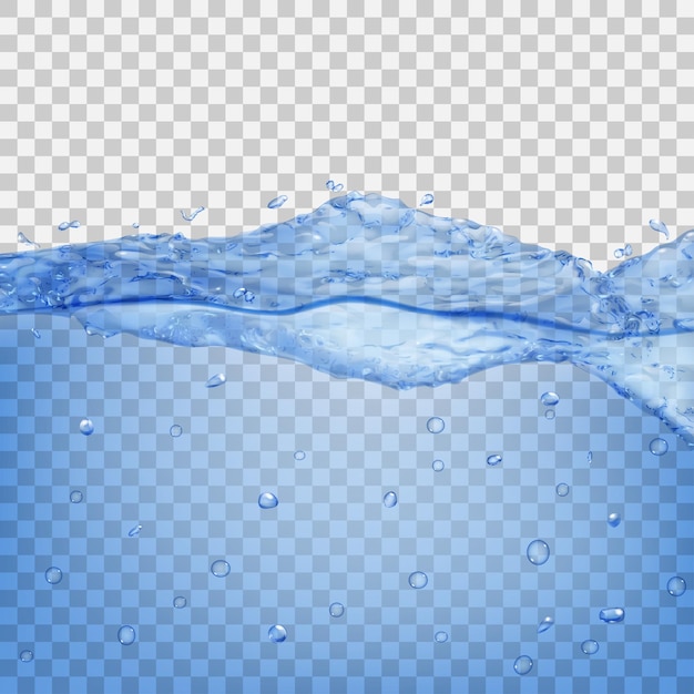 Vector transparent water wave with drops and bubbles in light blue colors, isolated on transparent background. transparency only in vector file