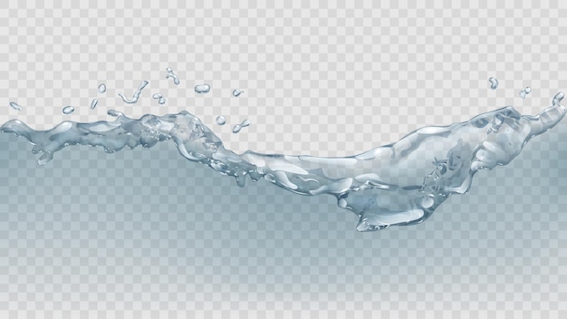 Vector transparent water wave with splashes and drops in light blue colors, isolated on transparent background. transparency only in vector file
