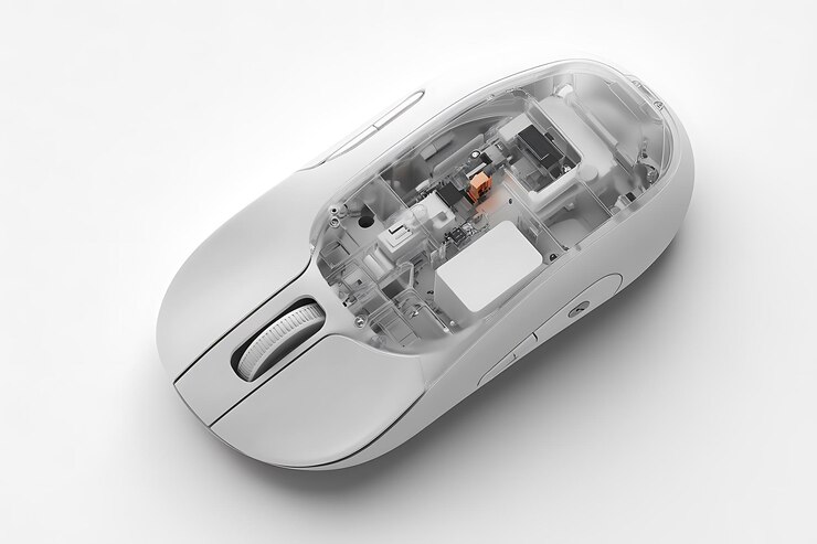 Vector transparent wireless computer mouse isolated on white background top view