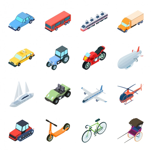 Транспортный мультфильм установить значок. изолированные мультфильм набор иконок путешествия. иллюстрация транспорта.