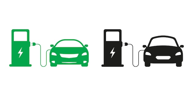 Transport charger silhouette icon set electric car recharge black and green sign eco energy