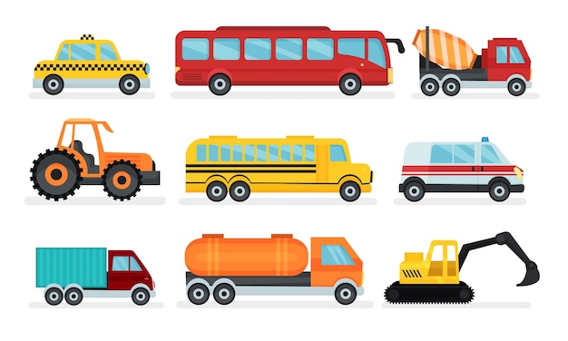 Вектор Коллекция транспорт такси автобус цемент грузовик трактор скорая помощь грузовик бульдозер векторная иллюстрация на белом фоне