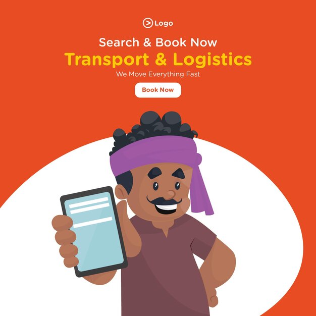 Transport en logistiek bannerontwerp met vrachtwagenchauffeur vertoont een mobiele telefoon