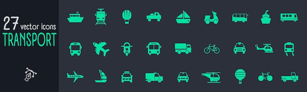 Вектор Набор иконок транспорта, содержащий значки автомобиля, велосипеда, самолета, поезда, велосипеда, мотоцикла, автобуса и скутера