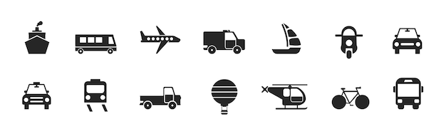 Transport icons. Airplane, Public bus, Train, Ship, Ferry and auto signs. Shipping delivery symbol.