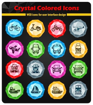 Icone di trasporto su cristalli di pulsanti colorati luminosi