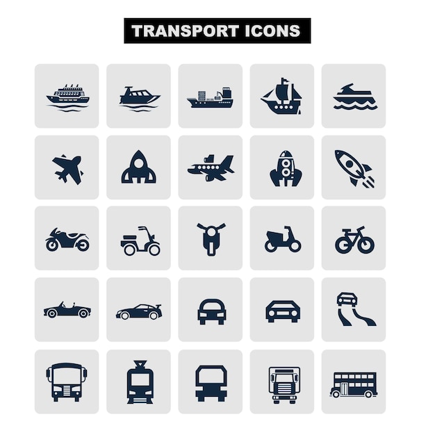 Vector transport icons cars, ships, trains, planes, vector illustrations, set silhouettes isolated