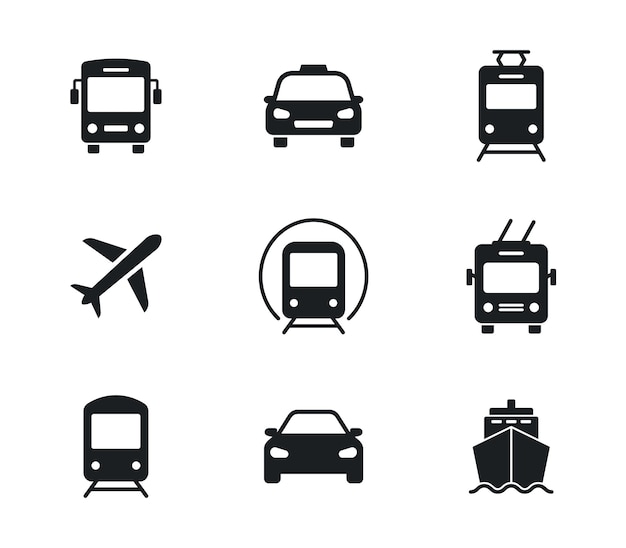 Vector transport icons set car bus train ship plane taxi subway tram and trolleybus