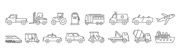 Illustrazione vettoriale del modello di progettazione del set di icone di trasporto della linea di trasporto