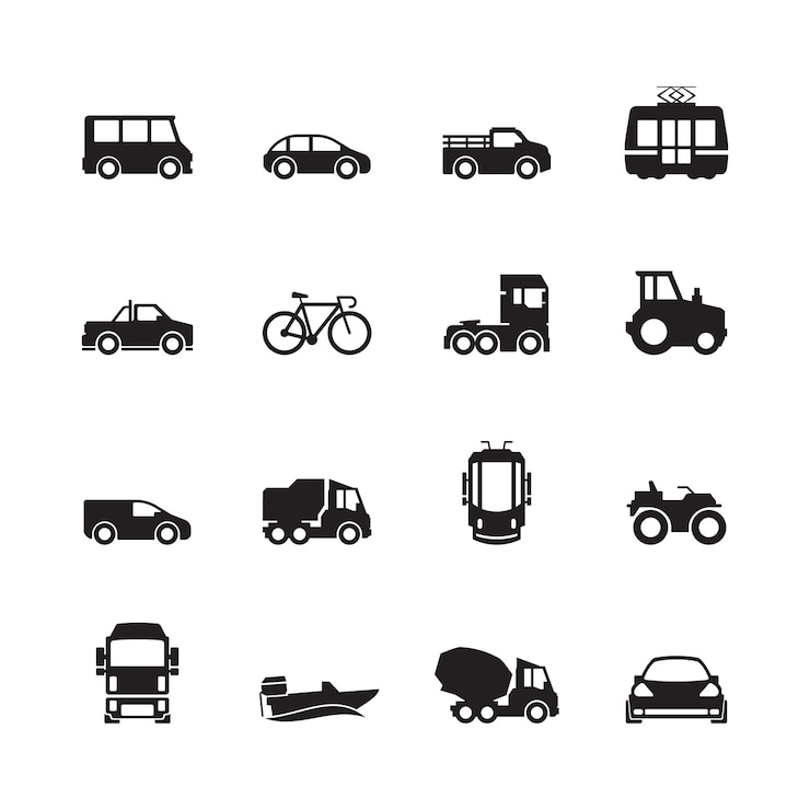 Vector transport pictogram. car ship subway train yacht road symbols truck side view transport silhouette icon collection
