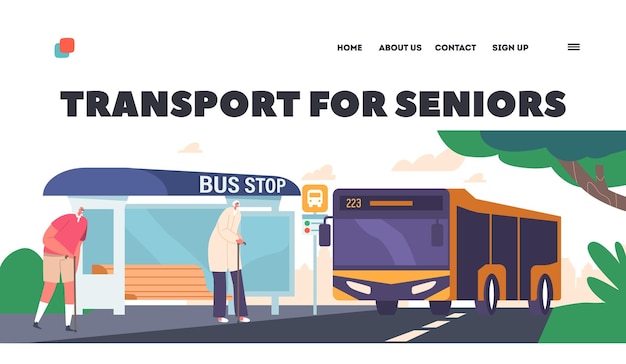 Transport for Seniors Landing Page Template People on Bus Station Male and Female Passenger Characters Wait Commuter