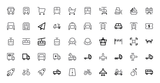 Transport and Travel Icons Set Vehicles Adventure Journey Vector Graphics