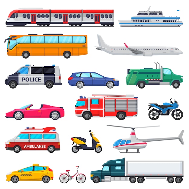 구급차 소방차 및 경찰 차의 도시 그림 세트에서 교통 벡터 대중 교통 차량 비행기 또는 기차와 자동차 또는 자전거 교통 흰색으로 격리