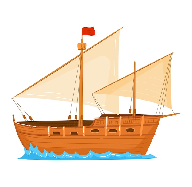 Transport vintage sailing boat flood ship sailing sea cruise isolated on white design flat style vector illustration