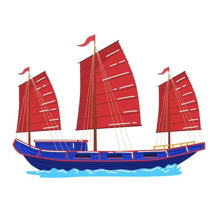Vector transport vintage sailing boat flood ship sailing sea cruise isolated on white design flat style vector illustration