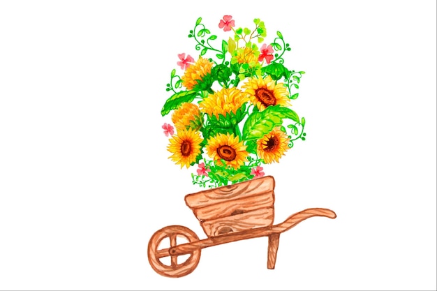 호박과 해바라기 꽃으로 운송합니다. Boho 스타일의 수채화 그림입니다.