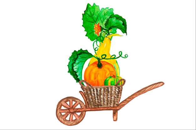 Transport with pumpkins and sunflower flowers.Watercolor illustration in boho style.