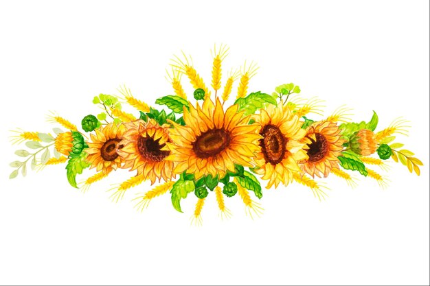 Vettore trasporto con zucche e fiori di girasole. illustrazione ad acquerello in stile boho.