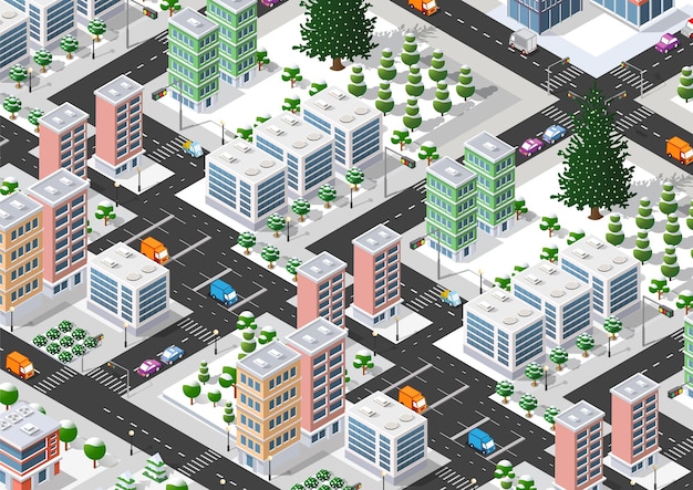 Vector transportation city streets intersection with houses and trees