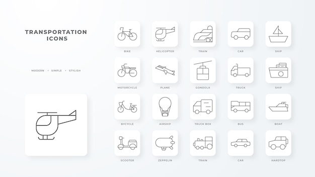 Transportation icon pack with black outline style Vehicle symbol business transport line outline travel automobile editable pictogram isolated flat Vector illustration