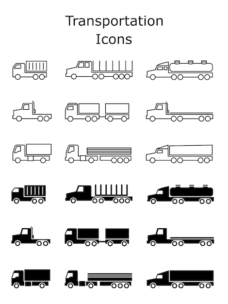 Вектор Набор иконок транспорта. доставка трейлеров, грузовых грузовиков, самосвалов и фургонов вектор