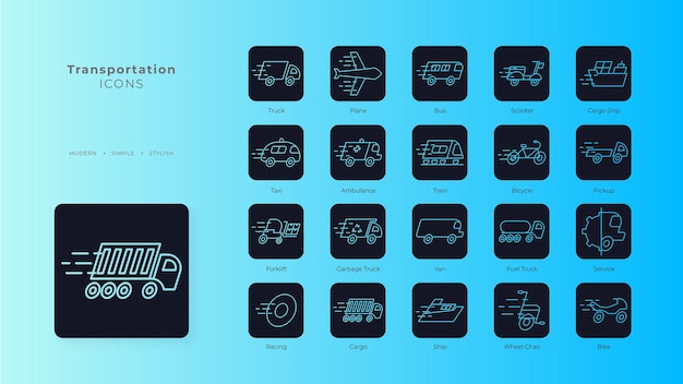 Transportation Icons with black filled outline style