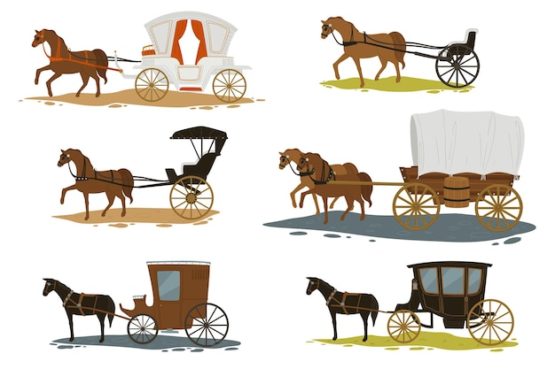 Транспорт в былые времена, изолированные лошади, запряженные в экипажи с пассажирами. романтический отдых в старом городе. колесницы в винтажном и ретро-стиле. сказка или история. вектор в плоском стиле