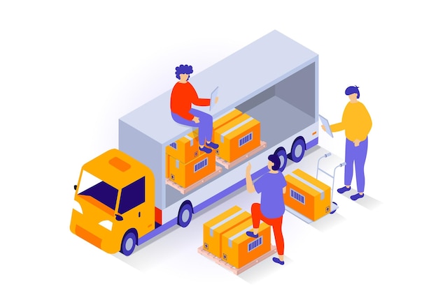 Vector transportation and logistics concept in 3d isometric design people carrying boxes by forklifts and loading parcel in truck work at warehouse vector illustration with isometry scene for web graphic