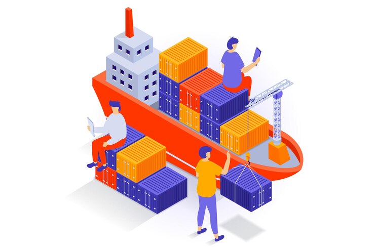 Vector transportation and logistics concept in 3d isometric design people work in delivery company with commercial marine shipping by cargo ship vector illustration with isometry scene for web graphic