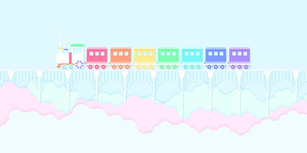 Vector transportation rainbow color train running on the bridge with blue sky and colorful clouds