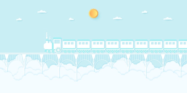 Transportation, train running on the bridge with blue sky, paper art style