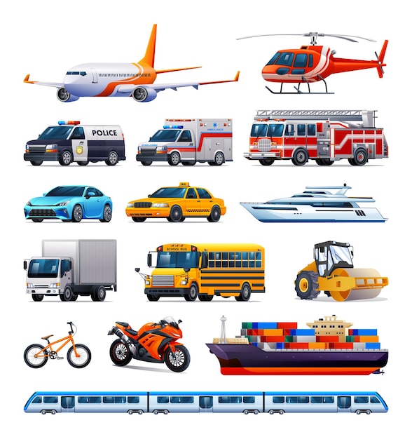 Transportation vehicle collection Various kinds of vehicles Vector cartoon illustration