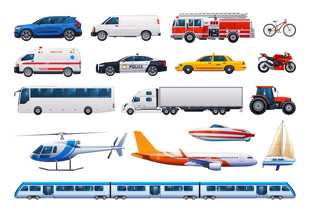 transportation vehicle set various kinds of vehicles vector cartoon illustration