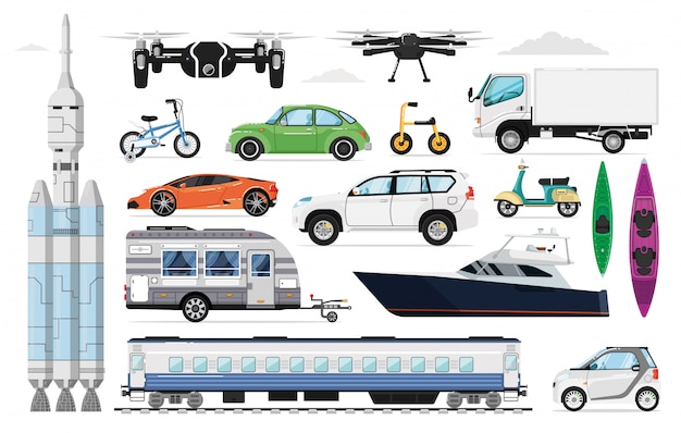 Vettore set di veicoli per il trasporto. raccolta di trasporto diversa. automobile isolata del motore, yacht, treno, fuco, camion, bicicletta, nave spaziale, caravan, automobile sportiva, icone del veicolo di suv. aria, trasporto su strada