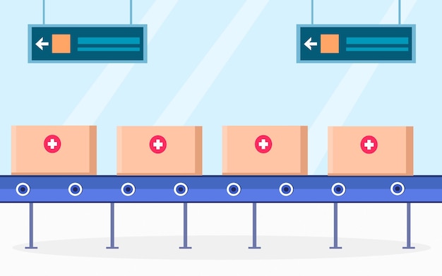 Transportband met medicijnen dozen op fabriek. Verpak medicijnendozen op industriële transportband