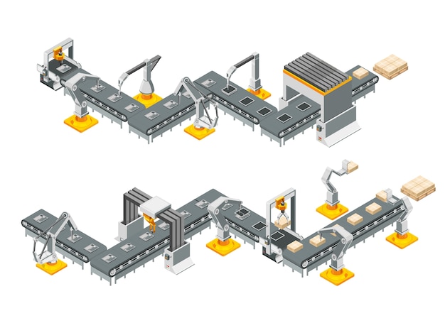 Transportbanden van de automatische fabriek met robotarmen. montageproces. illustratie