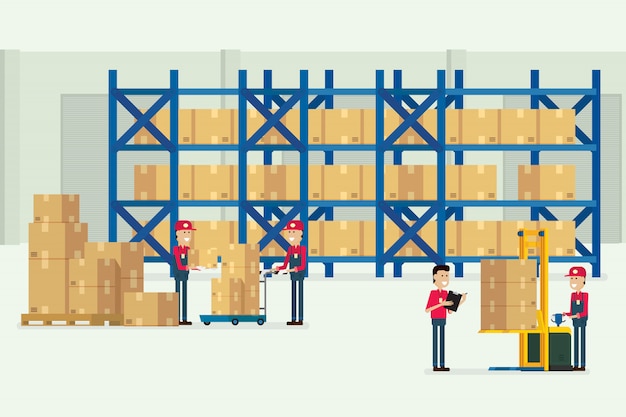 Transportmagazijn en logistiek met arbeiders