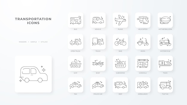 Transportpictogrammen met zwarte omtrekstijl