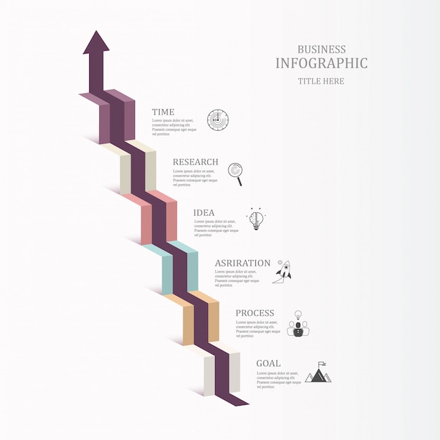 Trap infographic zes stappen en pictogrammen voor bedrijfsconcept.