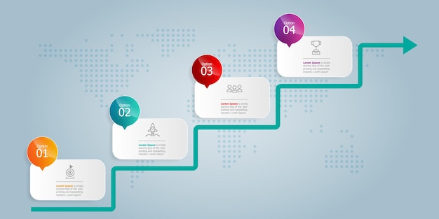 Trap optreedt horizontale infogrphics element presentatie met bedrijfspictogrammen 4 stappen vector illustratie achtergrond