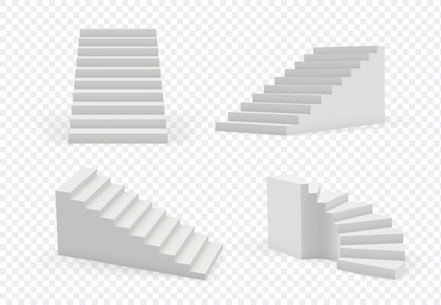 Trap realistisch. Architecturaal object trap omhoog stappen vector moderne sjablonen collectie. 3D-realistische binnentrap, architectuurrichting trapillustratie