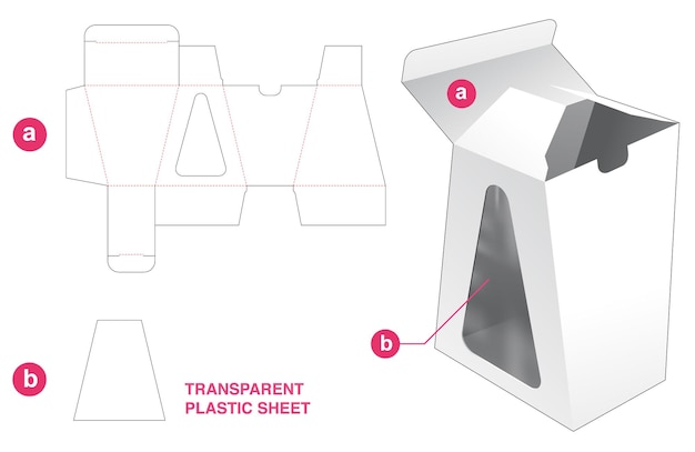 Trapezoid box and triangular window with transparent plastic sheet die cut template