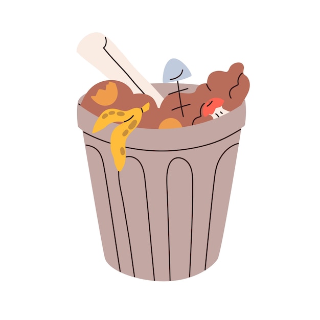 Vector trash bin full of garbage heap. waste can with organic refuses, rubbish, food scraps. open bucket, basket filled with mixed junk, leftovers pile. flat vector illustration isolated on white background.