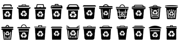 Икона мусорного ведра изолирована Набор черных икон мусорного ведра с различными дизайнами крышки
