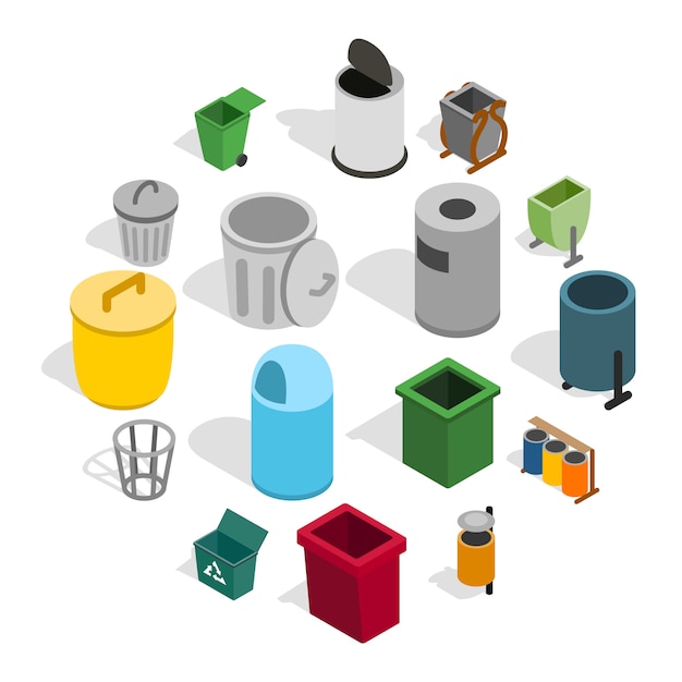 Trash bin icon set, isometric style