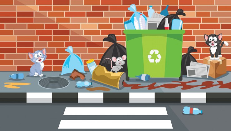 Vector trash bin overloaded in street