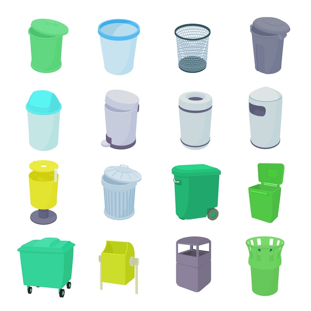 Trash bin set icons in isometric 3d style isolated